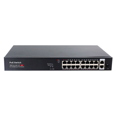 VT_SW16GE2GE1SFP-2BT-250W - SWITCH 19P GIGABIT, 16PoE+ (di cui 2 a 60Wmax ), 2 uplink e 1 SFP, 250W max, montaggio su rack, modalità TVCC 250m